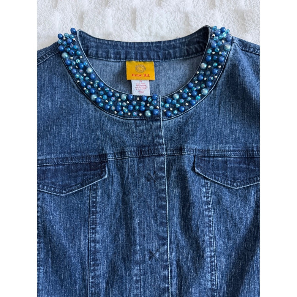 Ruby Rd Womens Blue Denim Beaded Jacket Medium Wash Snap Front Size 18 - EUC